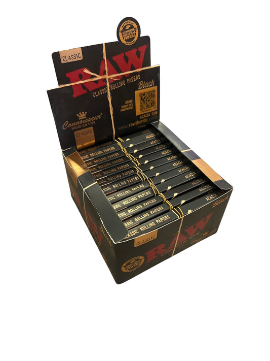 Raw Classic Natural Unrefined Rolling Papers - Connoisseur King Size Slim + Tips - Black - Pack Of 24